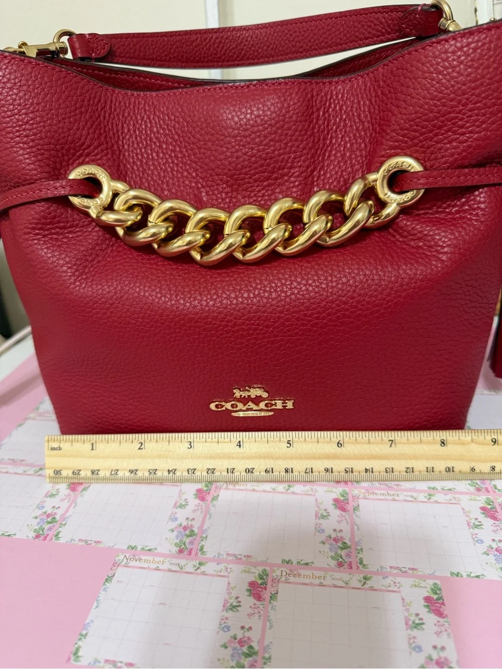 COACH Red Apple Pebbled Leather Hobo with Gold Chain Accent